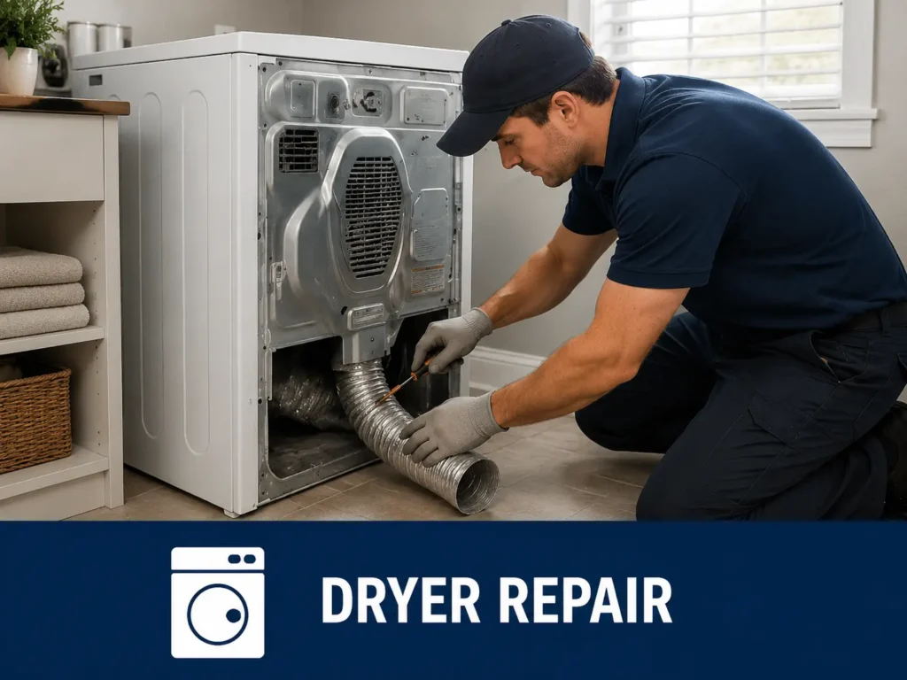 Technician inspecting a dryer vent and back panel during dryer repair service
